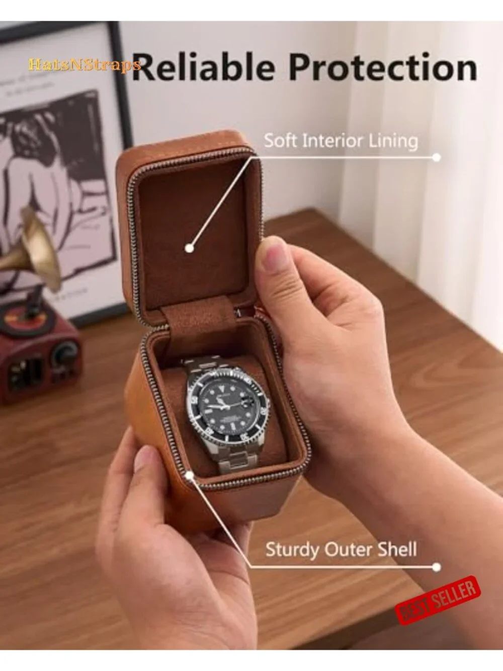 Single Watch Travel Case with Jewelry Compartment - PU Leather